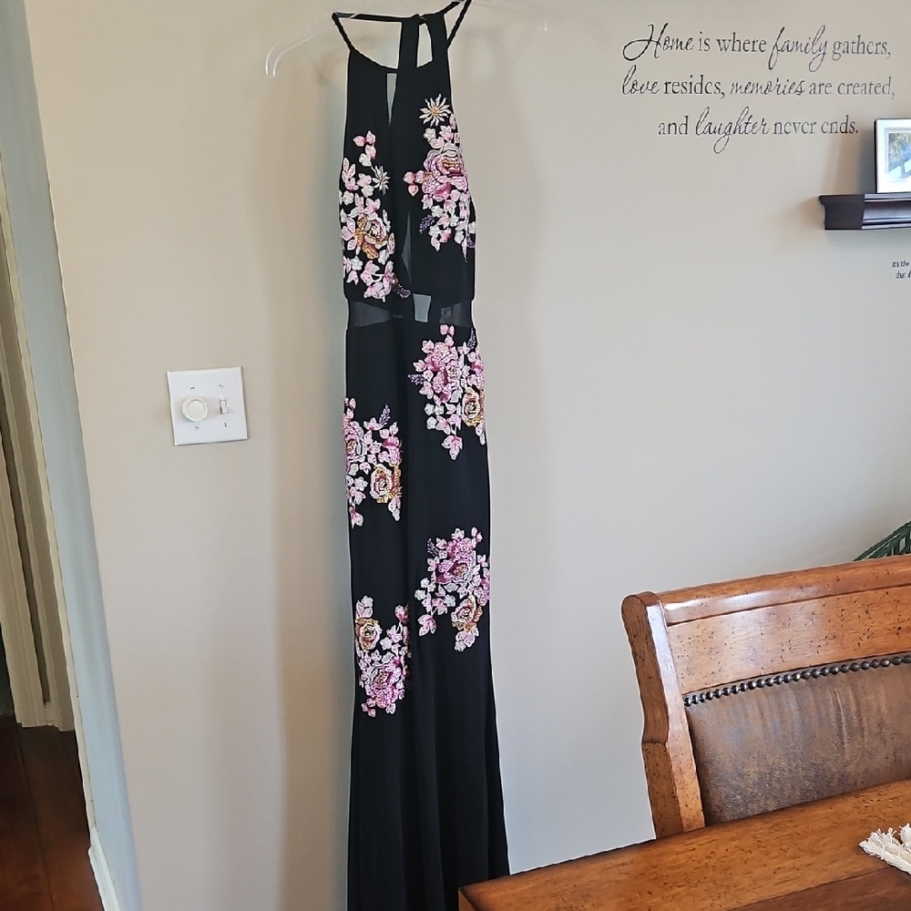 XSCAPE Embroidered Floral Halter Mesh Maxi Dress - Black and Pink
